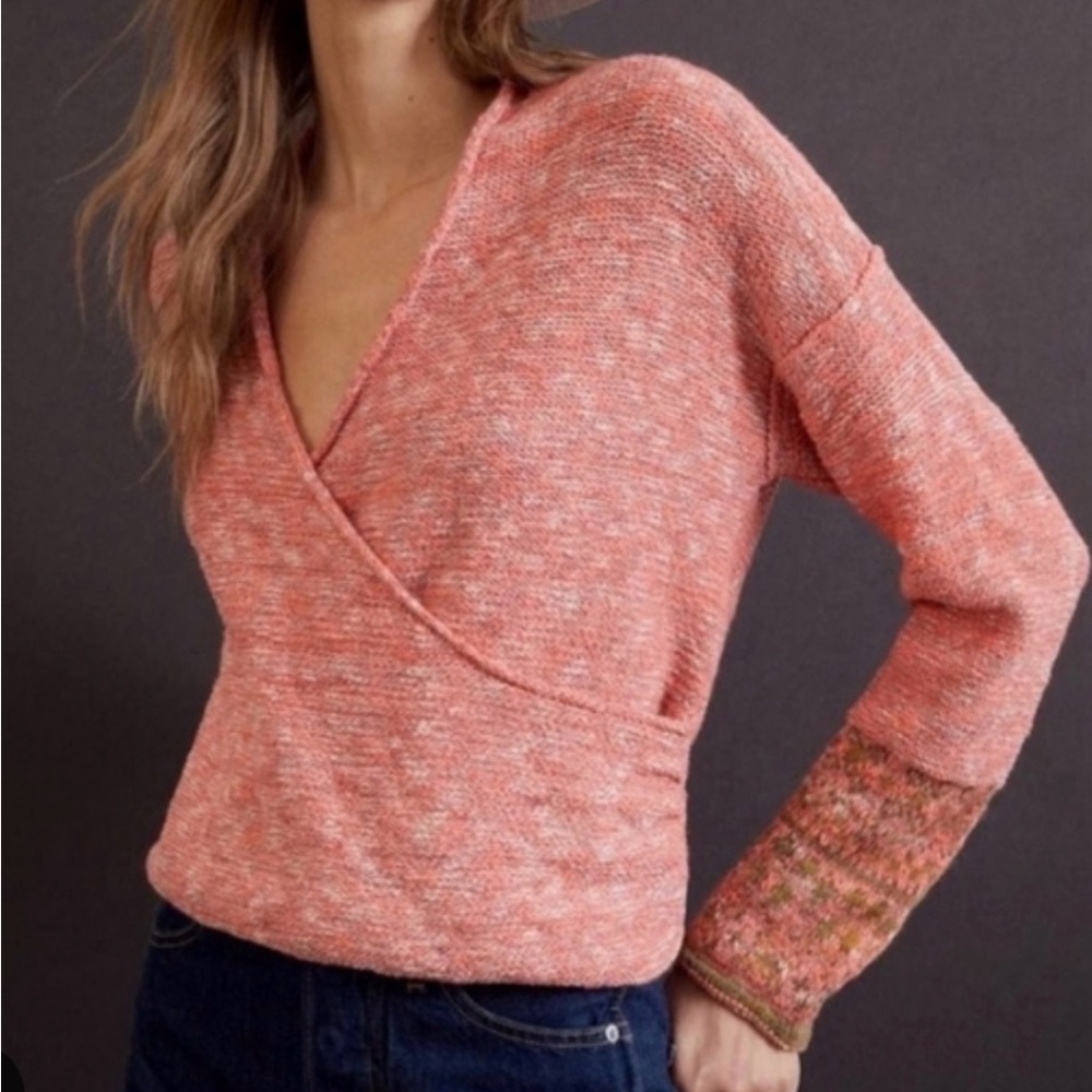 Anthropologie by Pilco Fair Isle Wrap Boho Sweater | Coral Pink | Size Medium